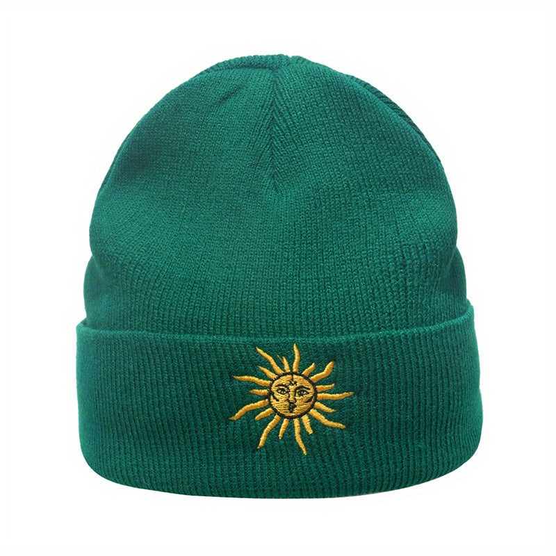 Boho Sun Embroidery Beanie Dark Green Vintage Elastic Knit Hat