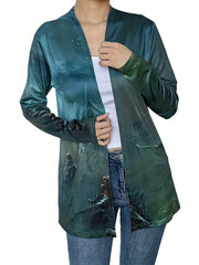 Casual Cardigan Women's Painting Print Long Sleeve Open Front