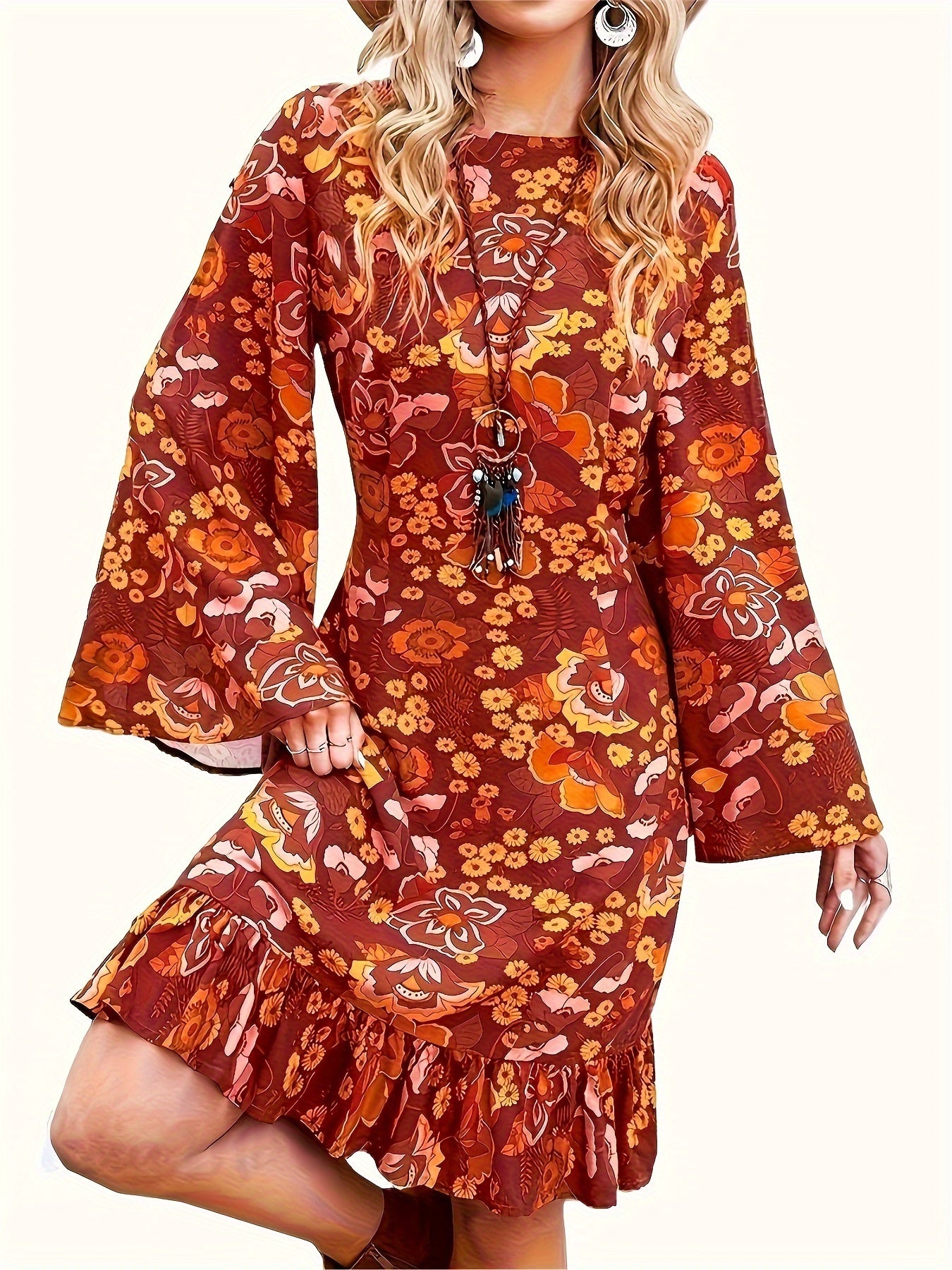 Floral Bell Sleeve Plus Size Dress
