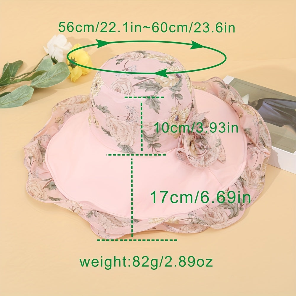 Chiffon Ruffles Floral Bucket Hat Wide Brim Sunscreen Fisherman Cap