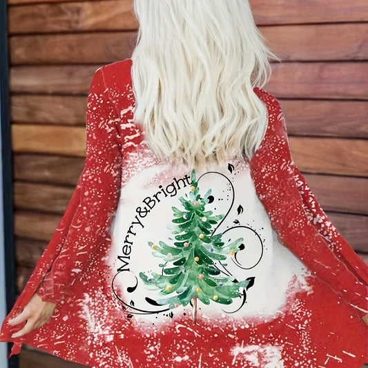  Christmas Casual Cardigan Women's Plus Tree & Letter Print