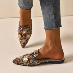 Women's Rhinestone Flat Mules Pointed Toe Slip On Shoes