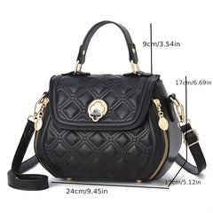 Argyle Embroidered Crossbody Bag Metal Decor Flap Purse