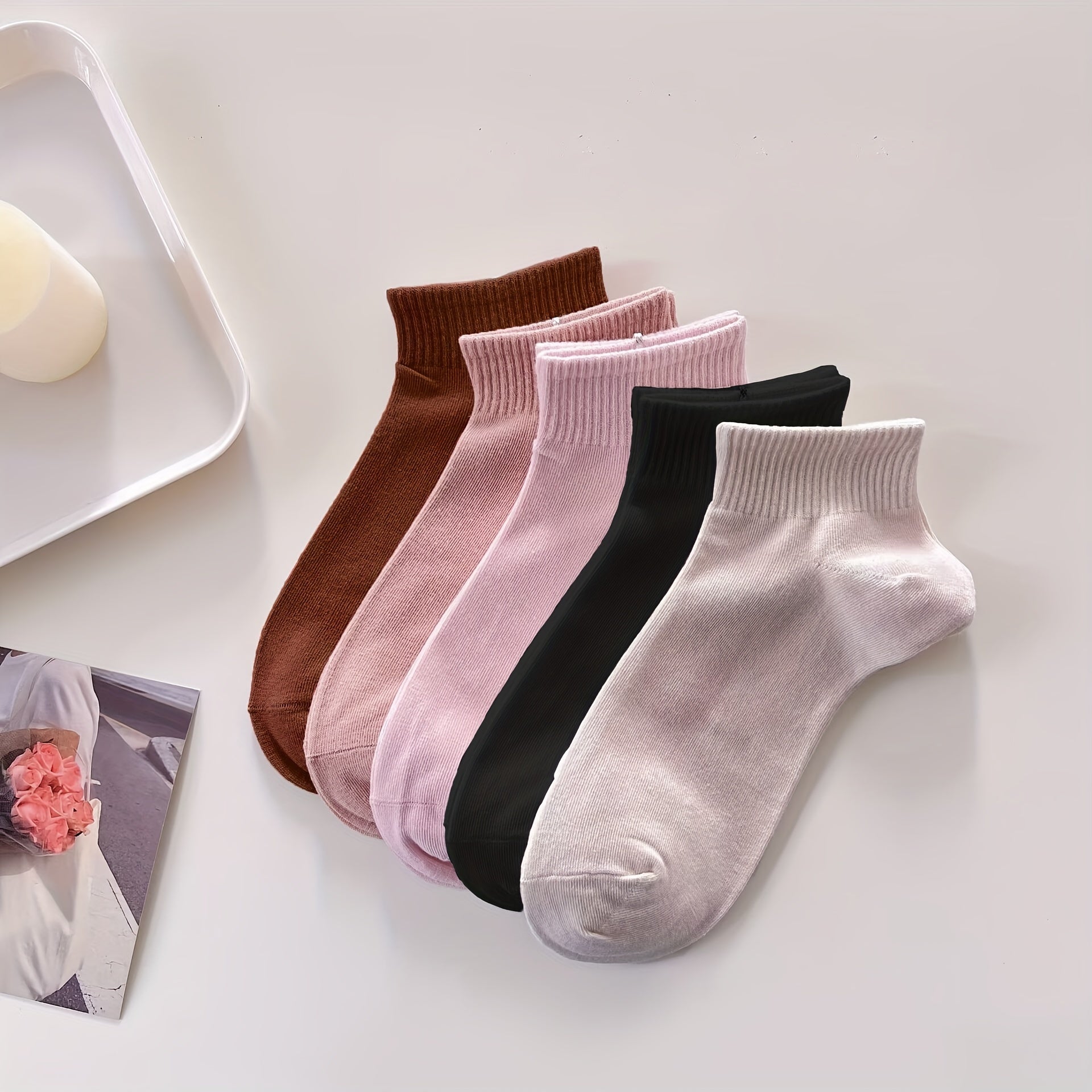 5 Pairs Women's Sports Short Socks Solid Color Breathable Stockings