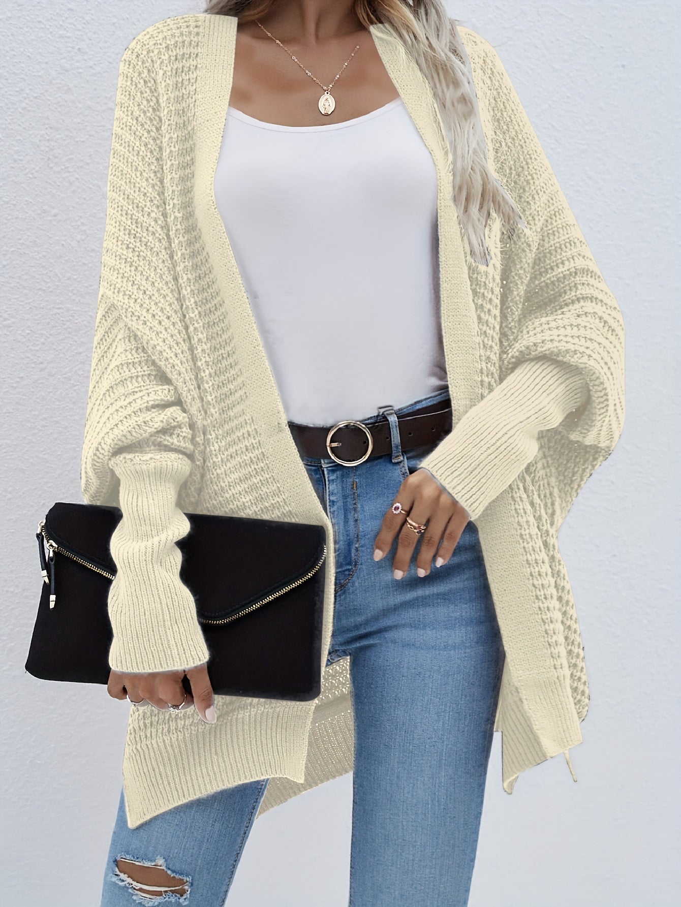  Solid Bat Sleeve Open Front Cardigan