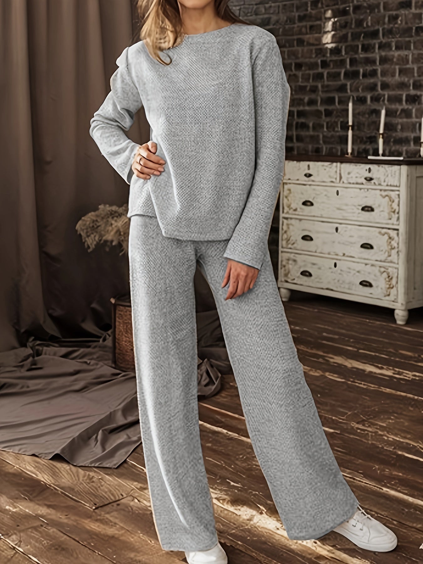  Heathered Round Neck Top & Pants 2 Pc Set