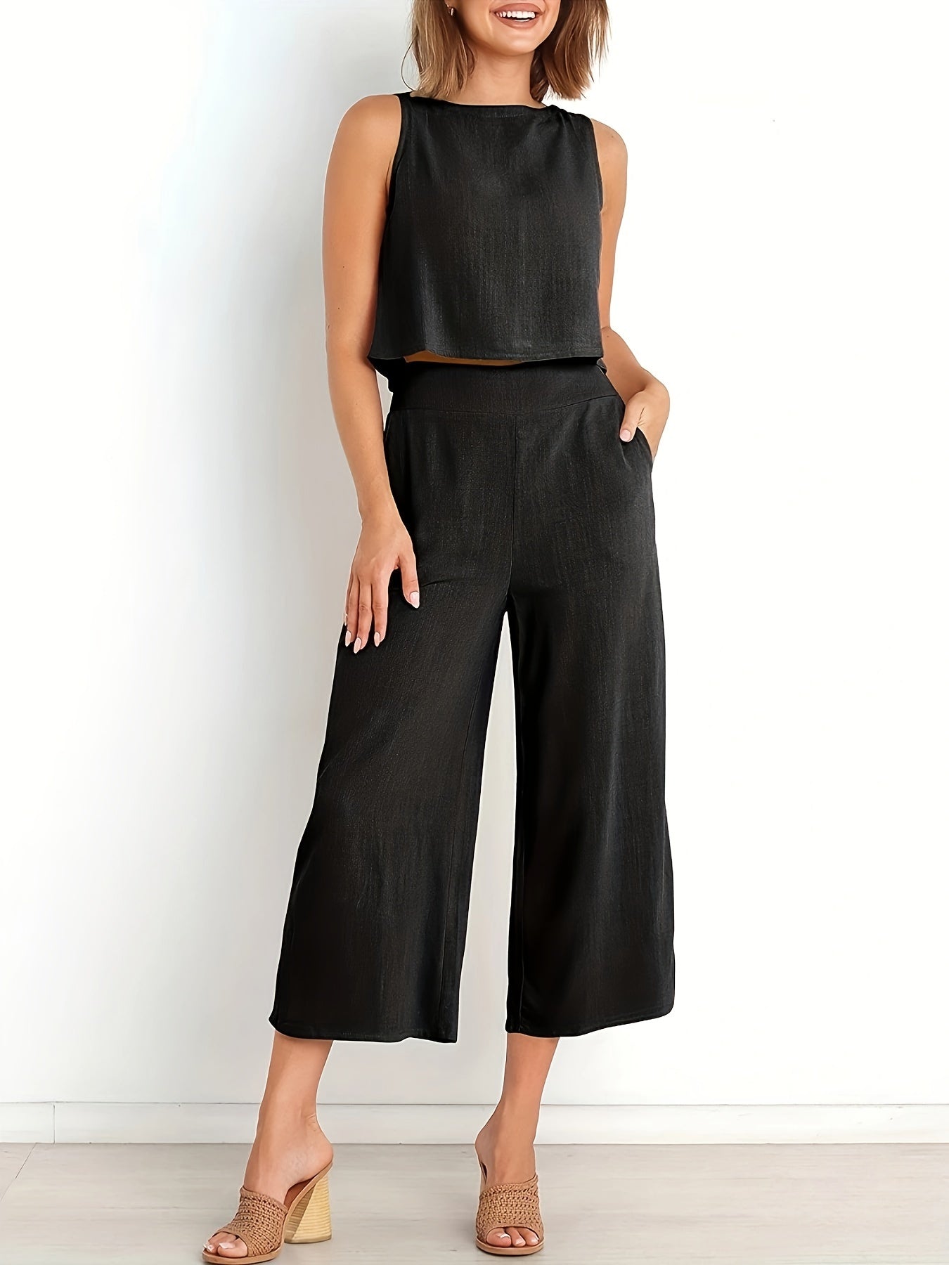 Casual Solid Two piece Set Sleeveless Top & Wide Leg Pants Outfits
