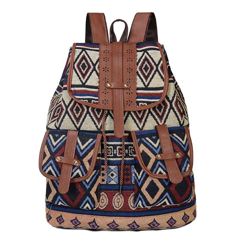 Rhombus Pattern Backpack Women's Canvas Drawstring Shoulder Bag