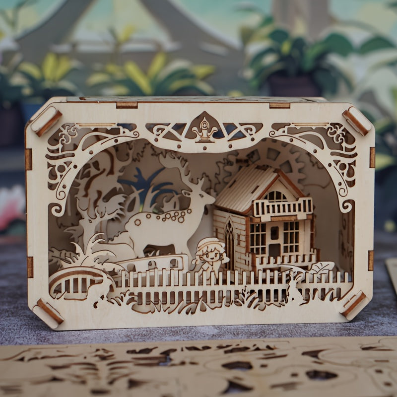 3D Wooden Puzzle DIY Elk Forest Cabin Scene Christmas Gift Desktop Decoration
