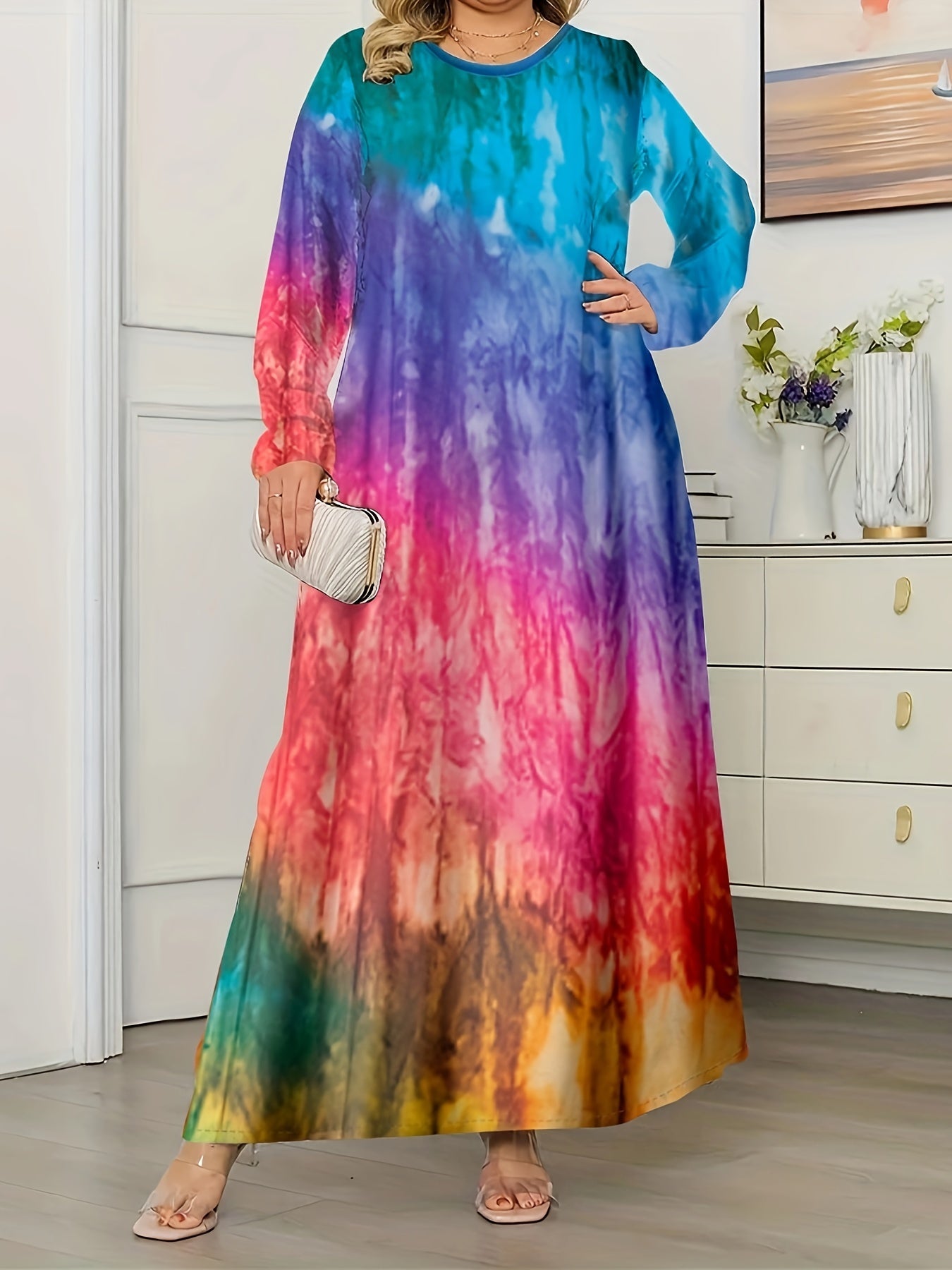 Tie Dye Long Sleeve Maxi Dress Loose Fit