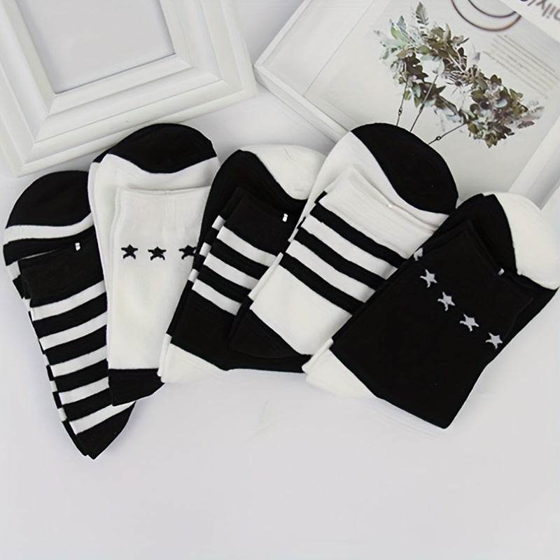 5 Pairs Striped Crew Socks Comfy & Breathable Women's Stockings & Hosiery