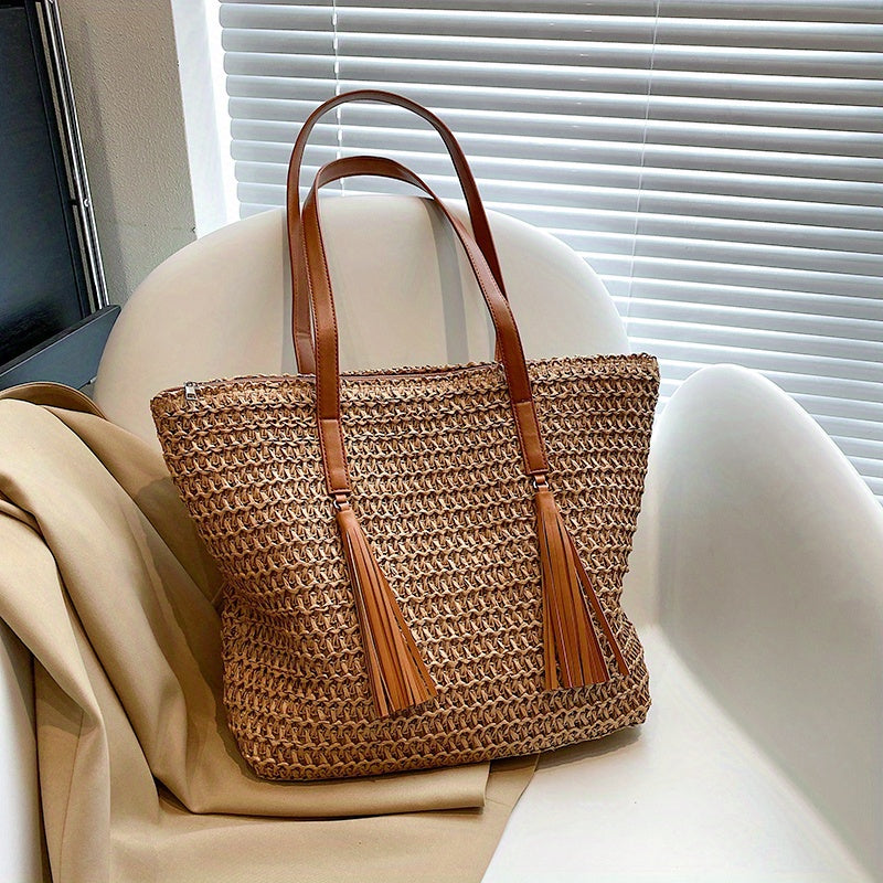 Colorblock Straw Tote Bag Woven Shoulder Bag With Tassel Decor