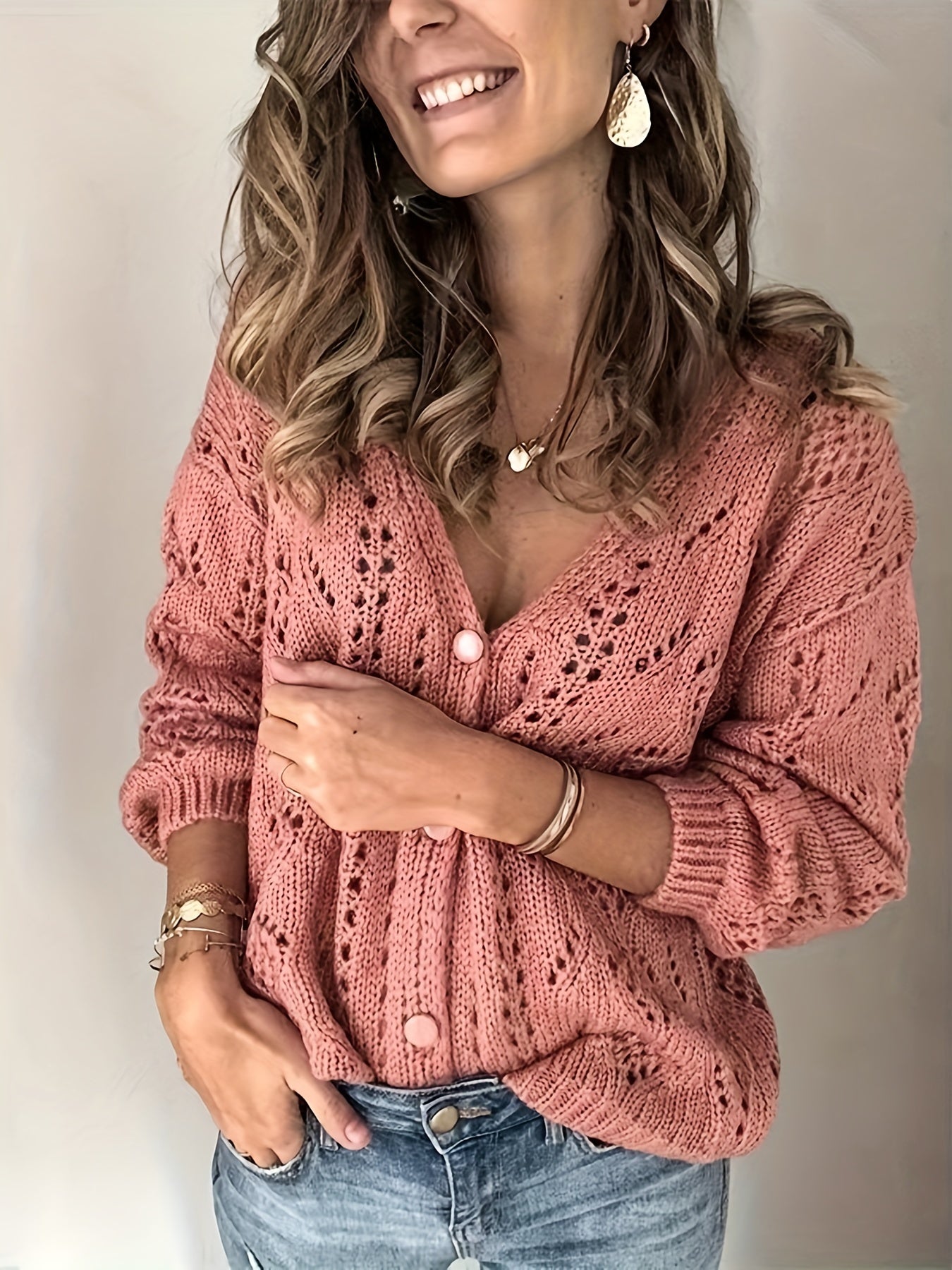 Solid Knit Cardigan Button Front Long Sleeve Sweater