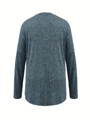  Solid Knit Top Ribbed Long Sleeve Sweater