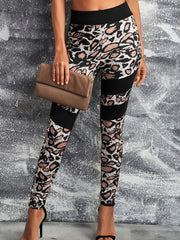 Leopard Print Panel Leggings High Waist Slim Skinny Leggings
