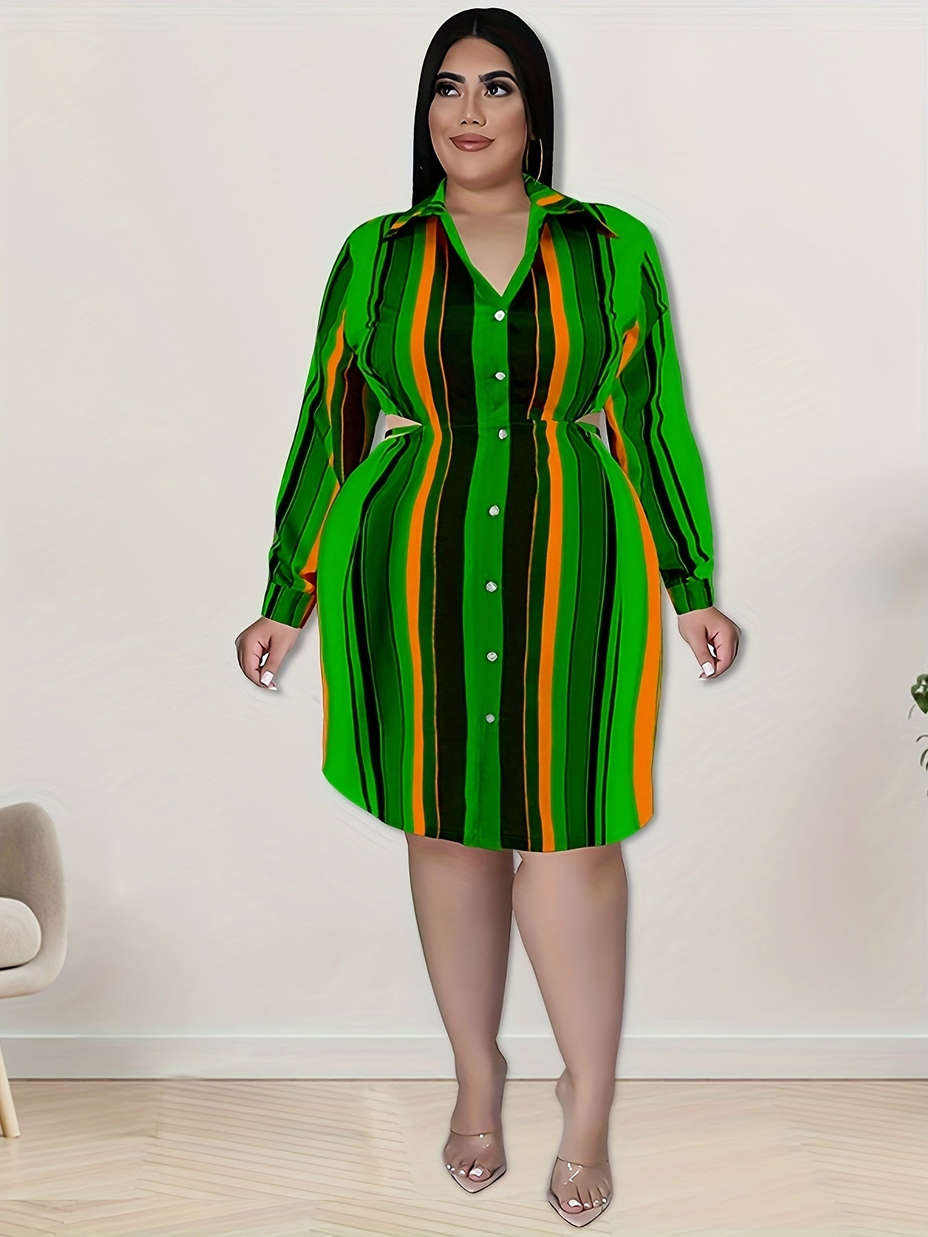  Colorblock Stripe Print Button Up Shirt Dress