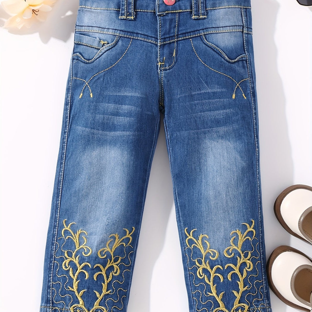 Girls' Swirls Embroidered Denim Pants Regular Fit