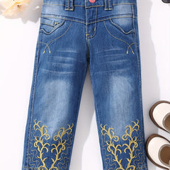 Girls' Swirls Embroidered Denim Pants Regular Fit