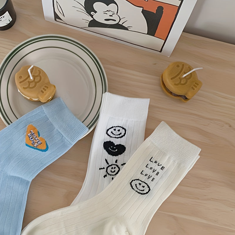 3 Pairs Letter & Smiling Print Socks College Style Women's Stockings
