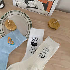 3 Pairs Letter & Smiling Print Socks College Style Women's Stockings