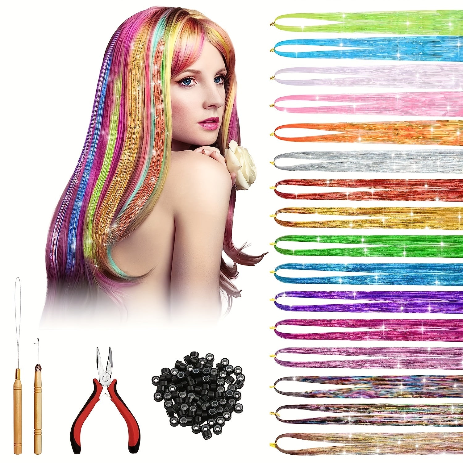 38 Cm Tinsel Hair Extension Kit - 2400 Strands - 12 Mixed Colors