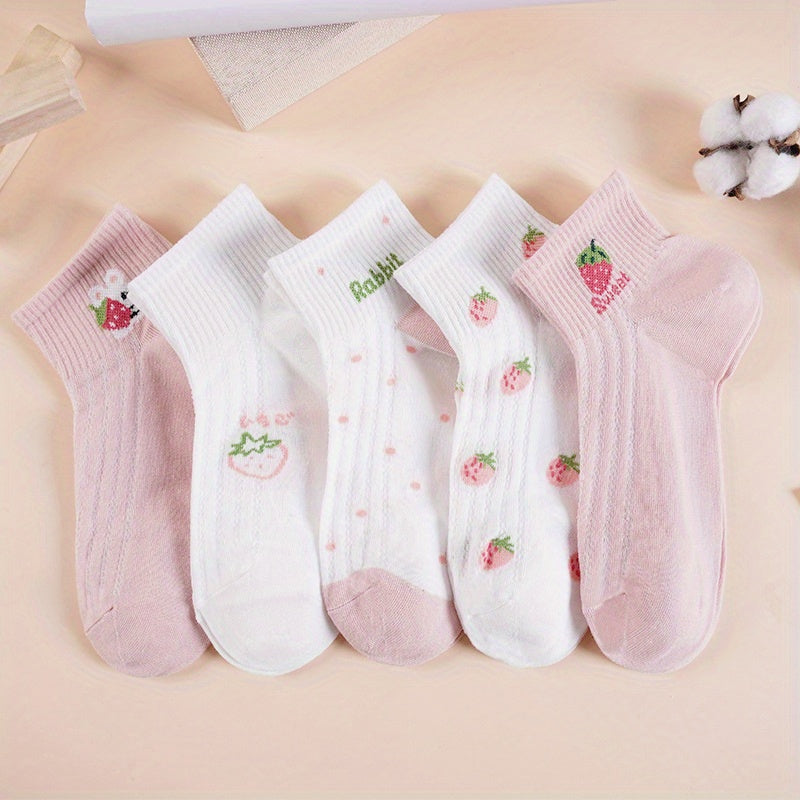 5 Pairs Girls Kids Cartoon Flower Socks Thin Breathable Low Cut Ankle Socks