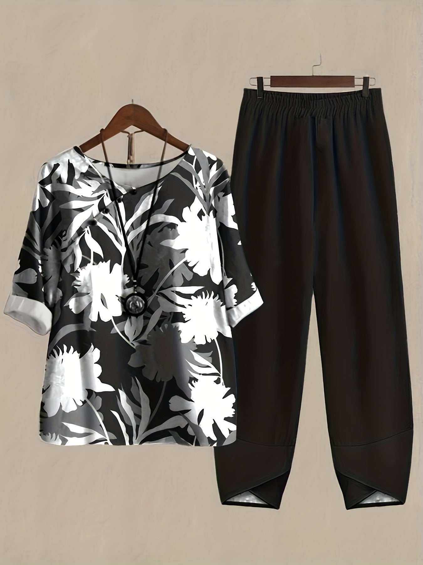 Plant Print 3/4 Sleeve Crew Neck Two Piece Set