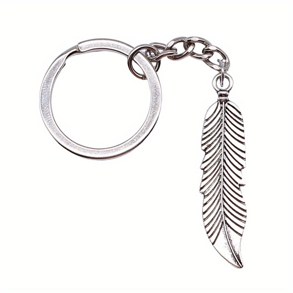 Vintage Silver Feather Pendant Keychain Metal Keyring