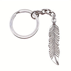 Vintage Silver Feather Pendant Keychain Metal Keyring