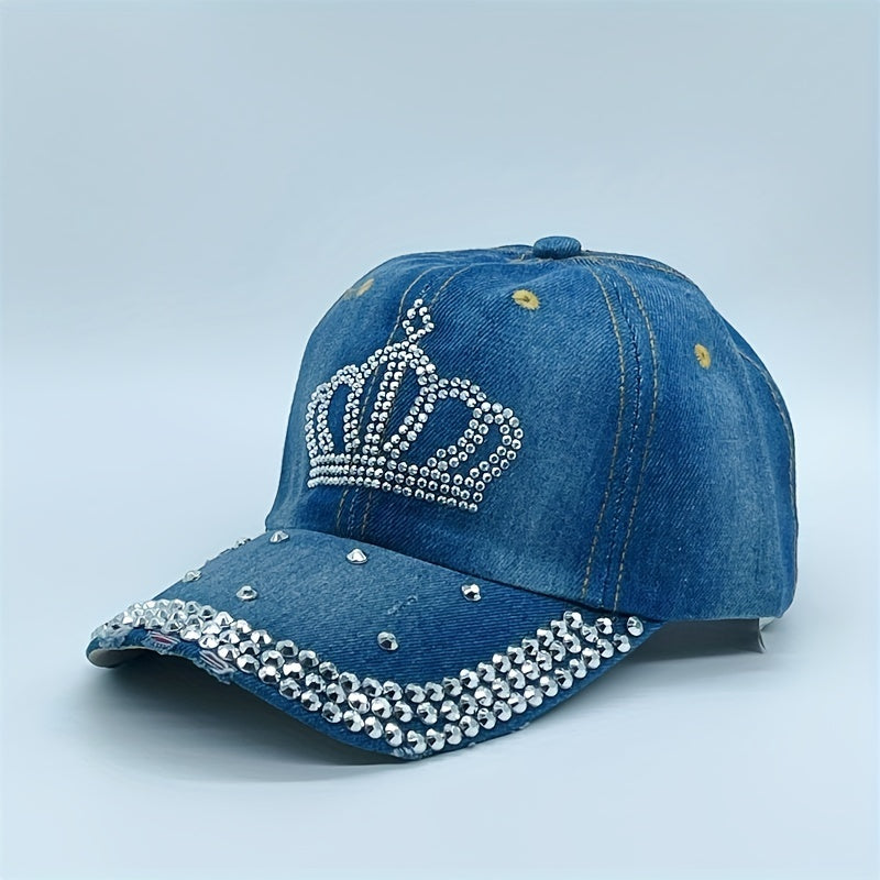 Rhinestone Crown Distressed Baseball Cap Casual Sun Hat