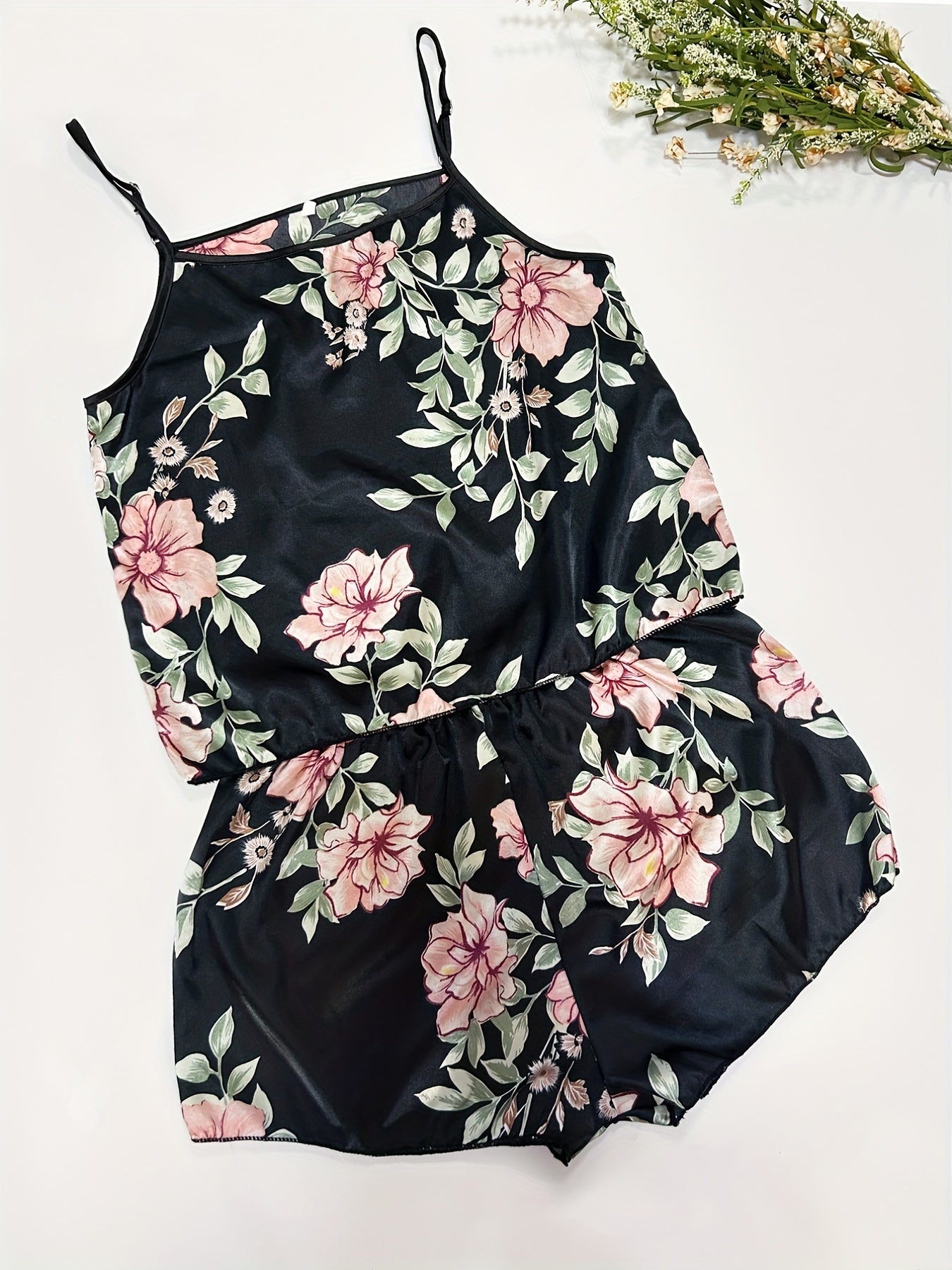 Floral Print Pajama Set Satin Cami Top & Shorts