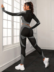 Gray Zippered Long Sleeve Top & Pants Set Women's Activewear