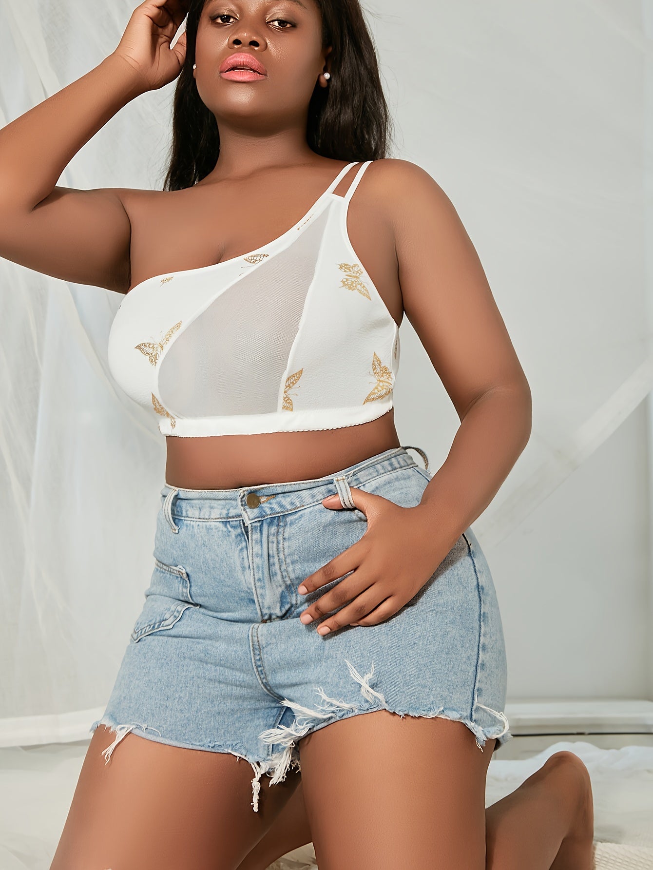  Golden Butterfly Print One Shoulder Bralette