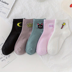 5 Pairs Cartoon Print Socks Comfy & Breathable Crew Socks Women's Stockings