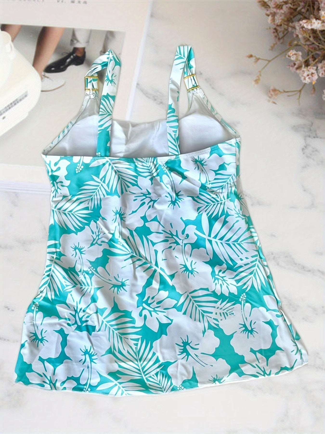 Floral Print Round Neck Tankini Sets High Cut Beachwear Two Pieces Swimsuit