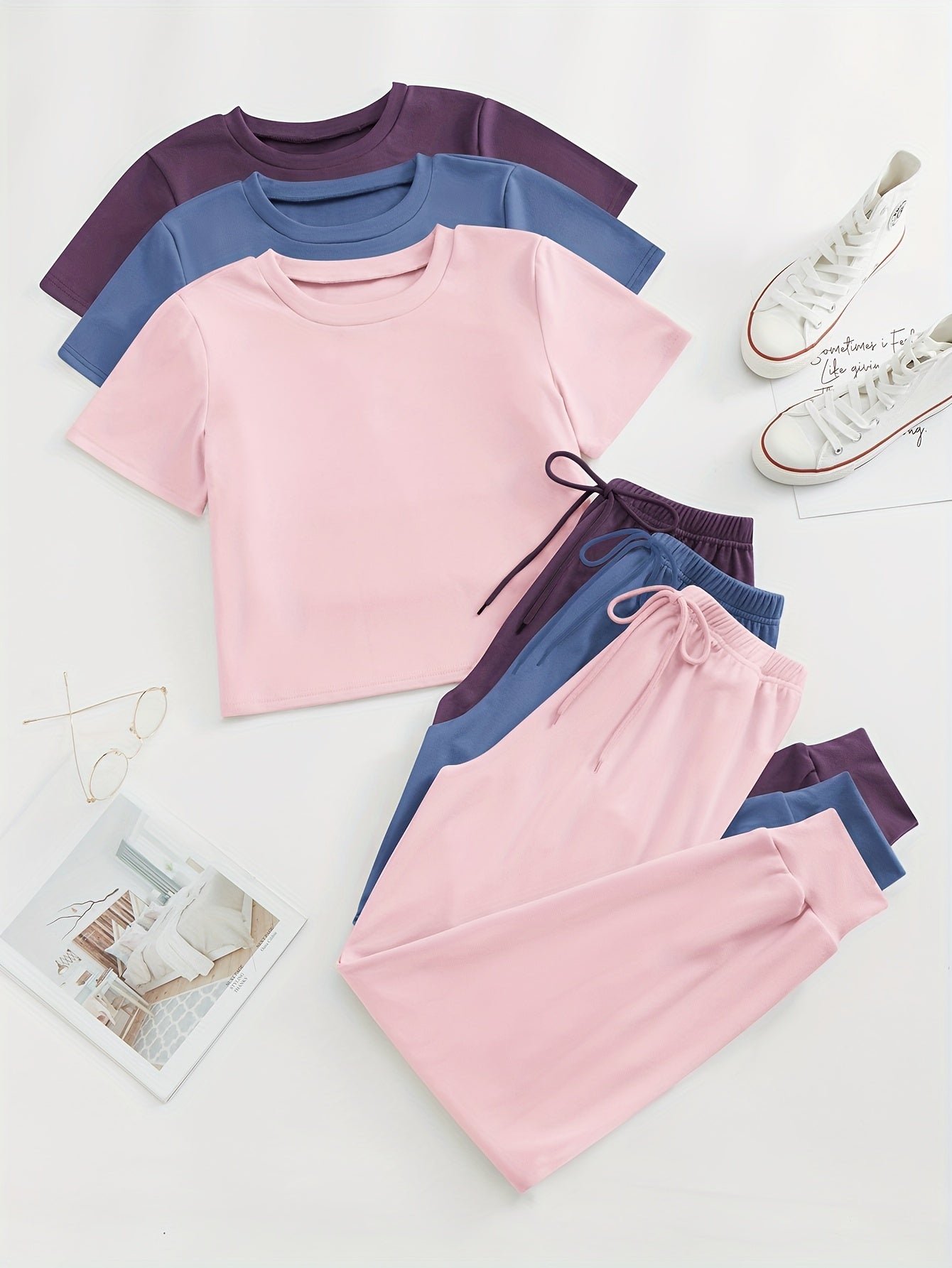 Solid Lounge Set Crew Neck Top & Lace Up Pants Women's Loungewear