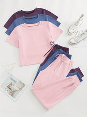 Solid Lounge Set Crew Neck Top & Lace Up Pants Women's Loungewear