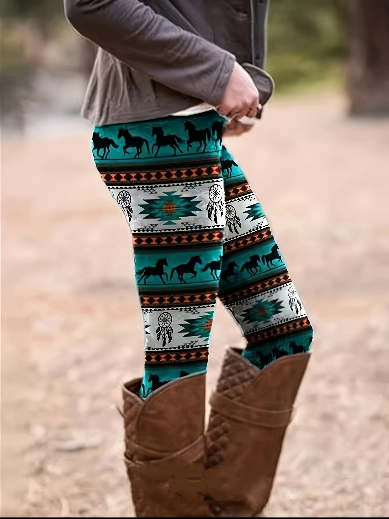  Boho Leggings Women's Plus Tribal & Horse Print Elastic High Rise