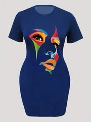  Abstract Print Short Sleeve High Stretch Dress