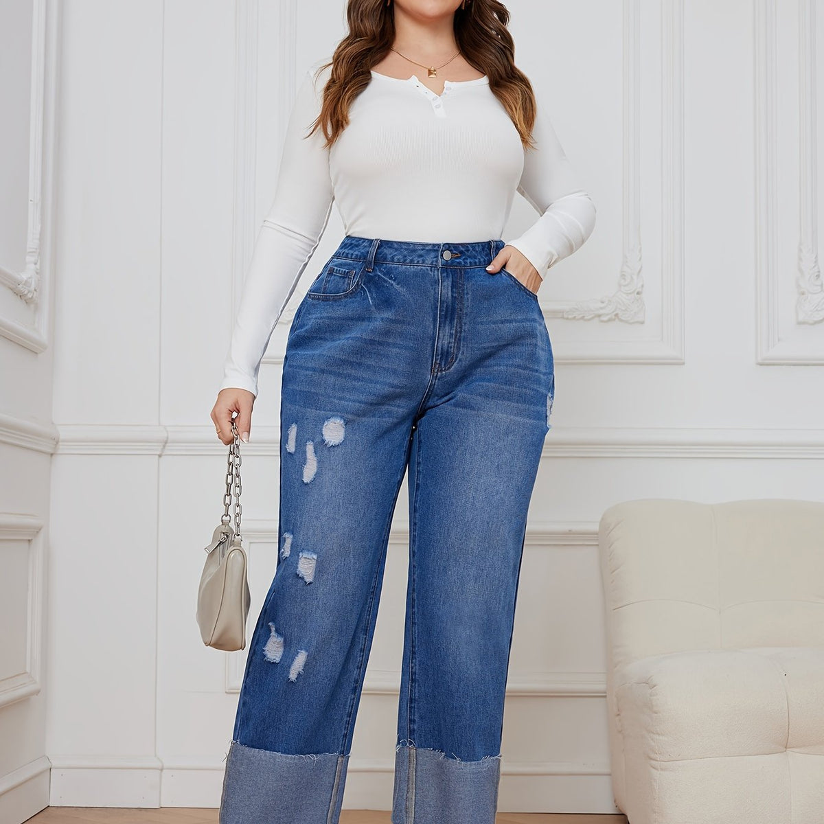  Ripped Button Fly High Rise Straight Leg Jeans