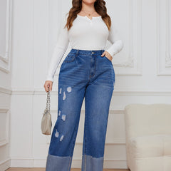  Ripped Button Fly High Rise Straight Leg Jeans