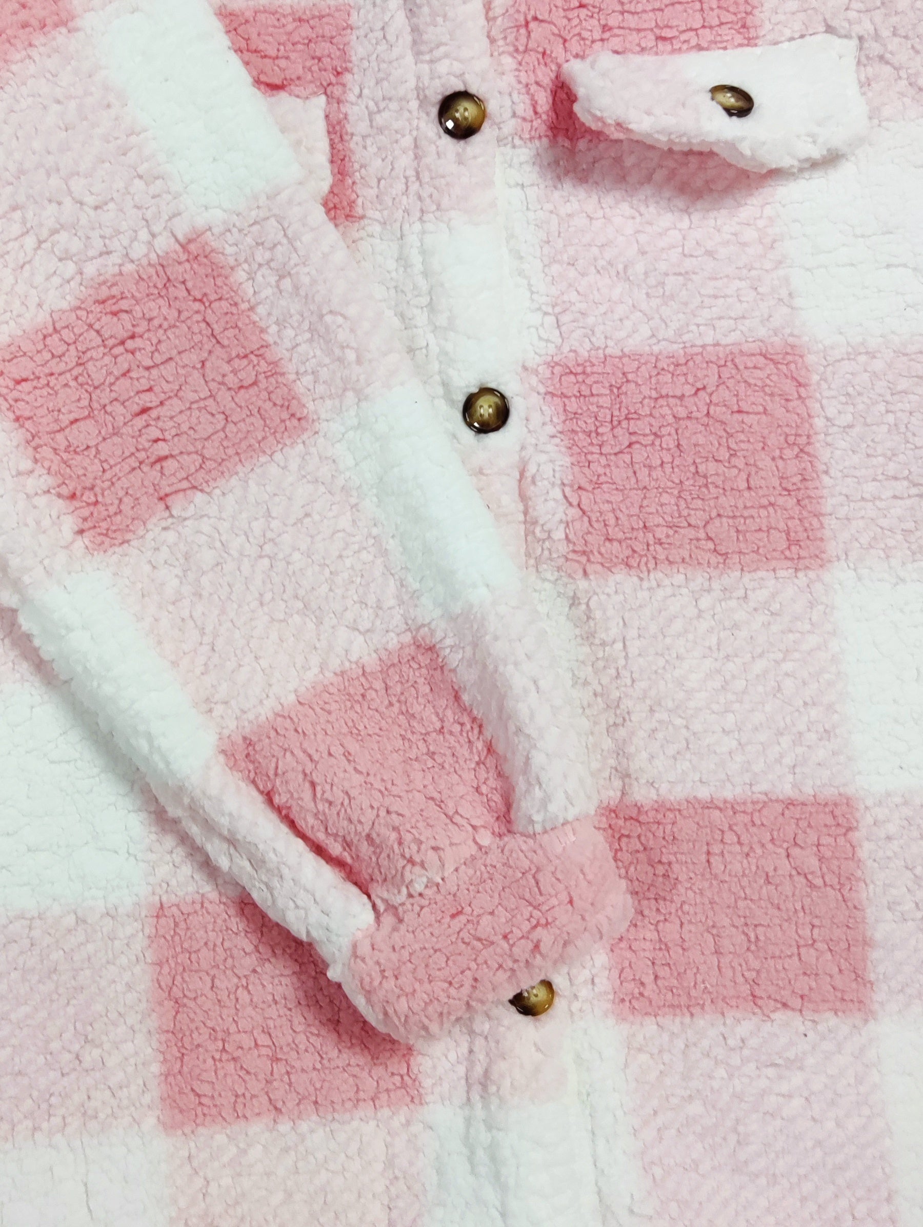  Gingham Print Button Up Long Sleeve Fleece Shacket