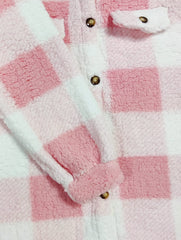  Gingham Print Button Up Long Sleeve Fleece Shacket