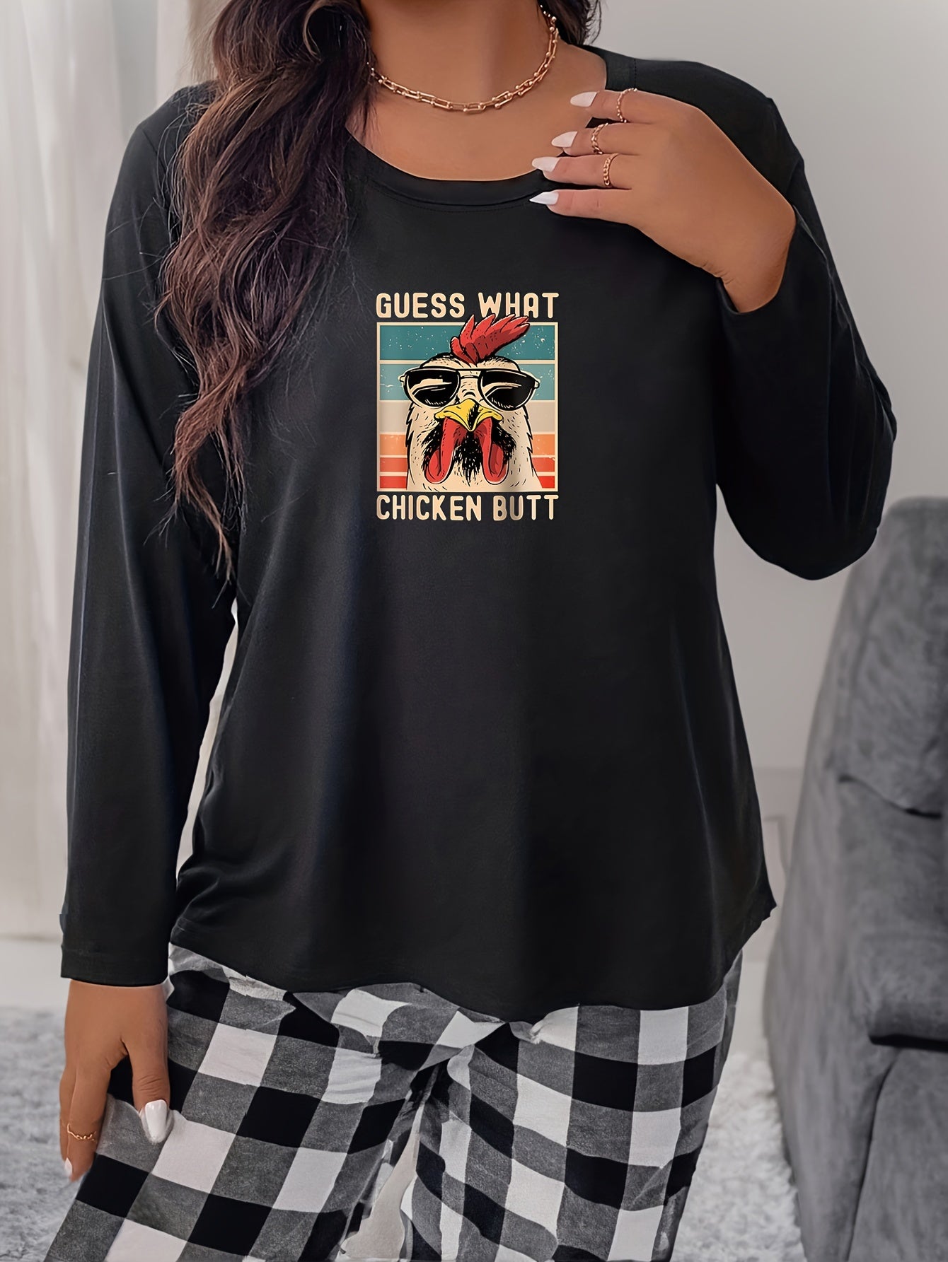  Cartoon Rooster & Letter Print Long Sleeve Pajama Top