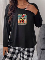  Cartoon Rooster & Letter Print Long Sleeve Pajama Top
