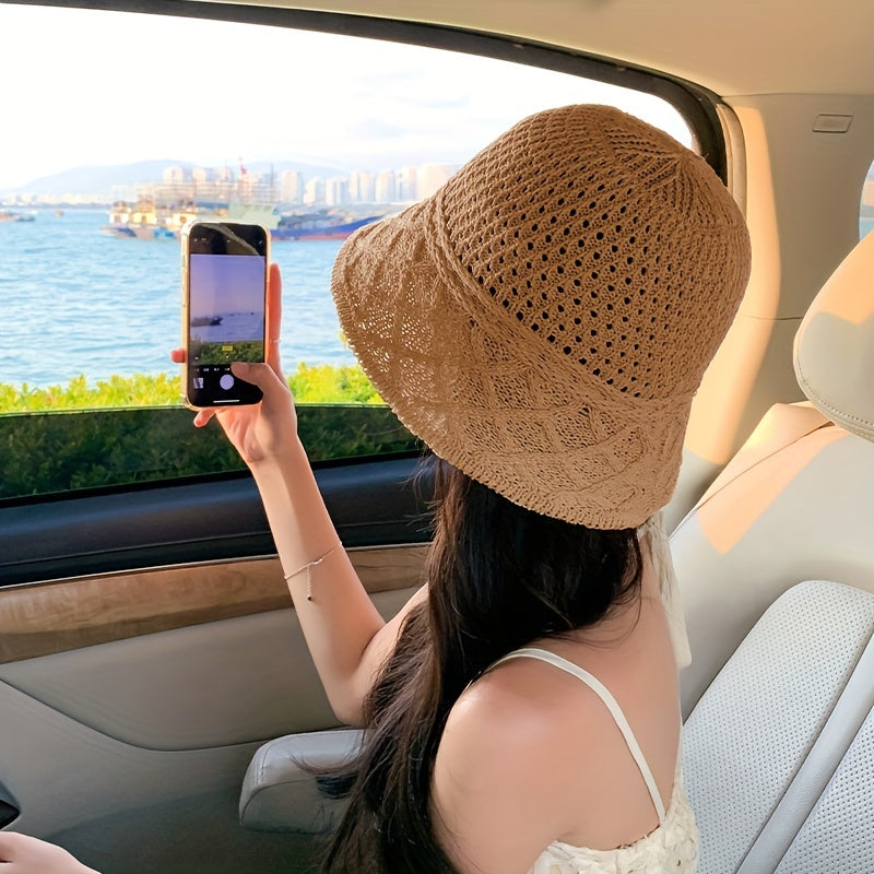 Hollow Crochet Breathable Sun Hat Solid Bucket Hat Thin Cloche Hats