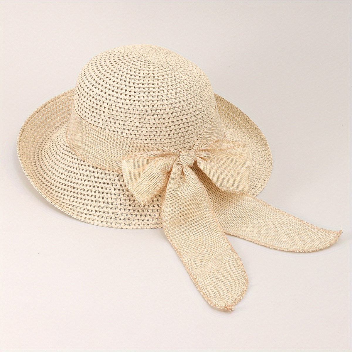 Straw Bucket Hat Bowknot Ribbon Solid Summer Beach Hat