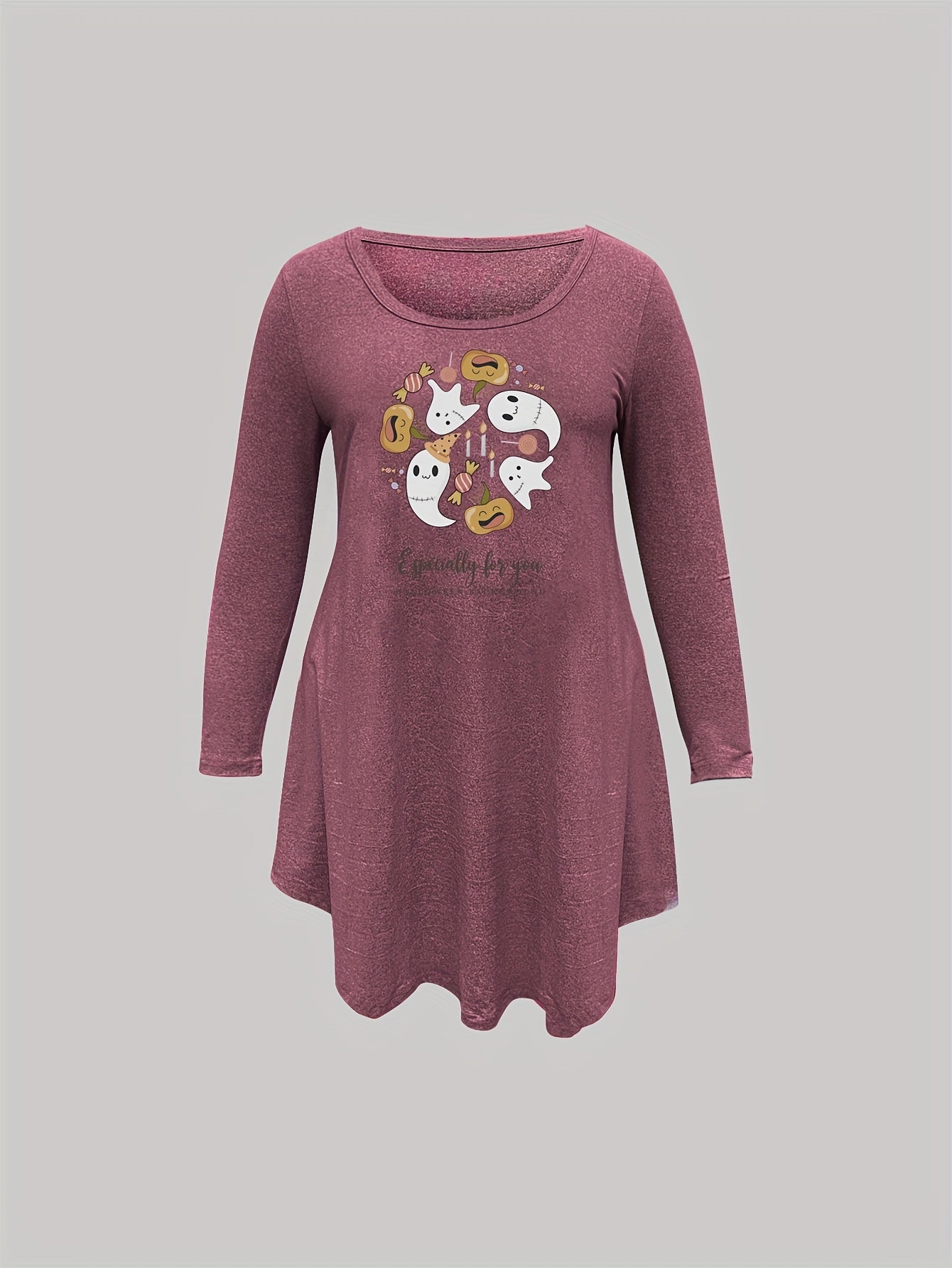  Cartoon Pumpkin & Ghost Print Long Sleeve Nightdress