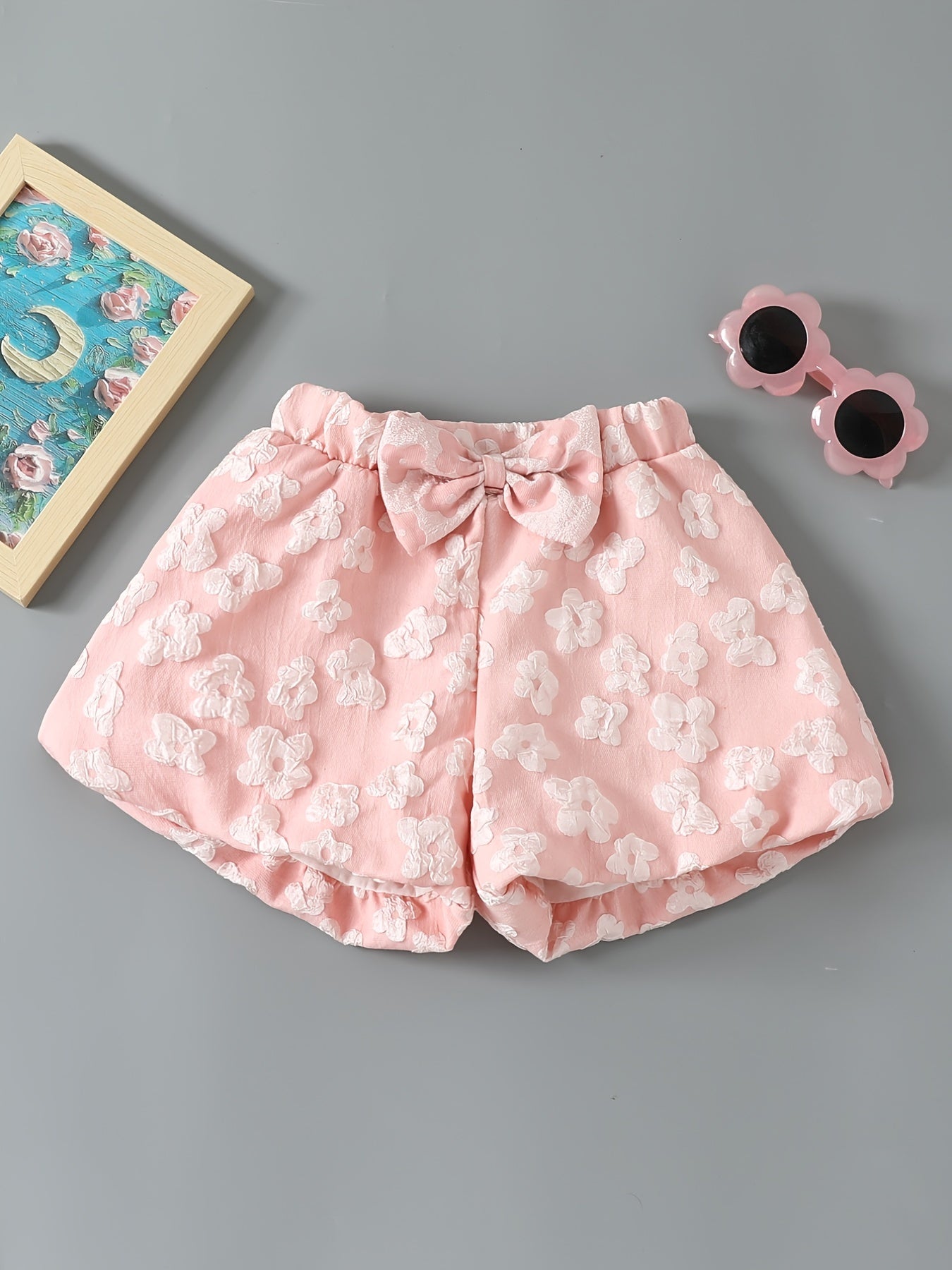 Girls Casual Puff Flower Shorts with Bow - Summer Wear