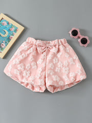 Girls Casual Puff Flower Shorts with Bow - Summer Wear